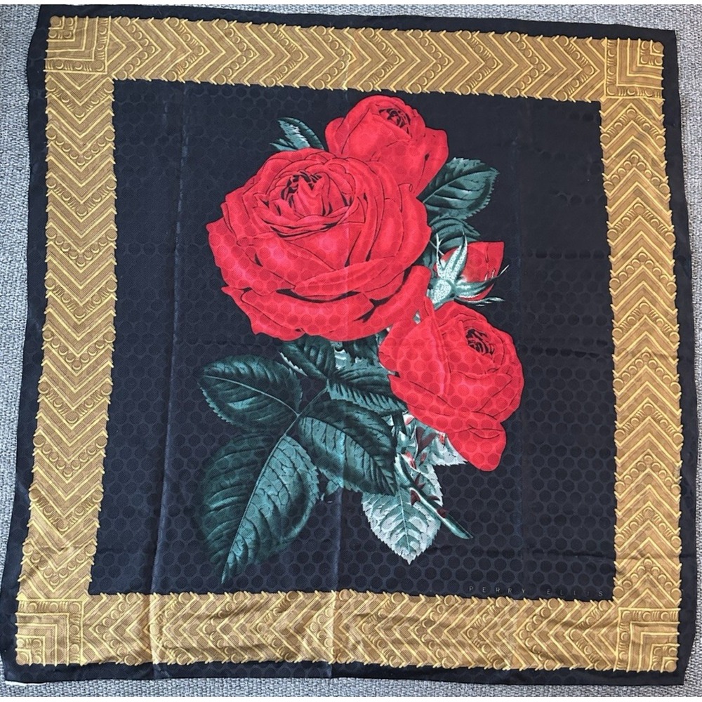 Perry Ellis Vintage Silk Scarf 30x30 Red Roses Gold Border Made in Japan